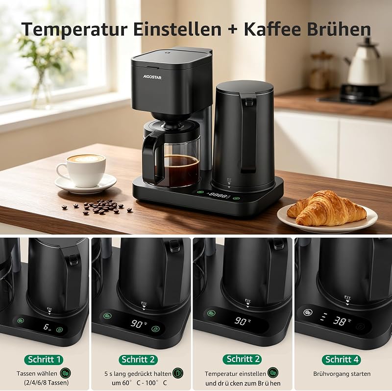 Filterkaffeemaschine 3‑in‑1 für 1,3L/8 Tassen,1600W LED‑Touchpanel