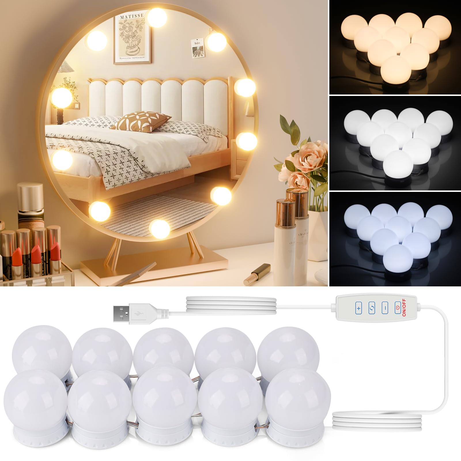 Toipwen Mirror Lights, Hollywood Mirror Light with 3 Colour Modes, 10 Dimmable Bulbs, USB Cable Makeup Light for Dressing, Bathroom, Studio, Photography Room (Mirror Not Included)