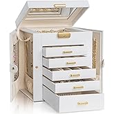 AKOZLIN 6-Tier Jewelry Box Lockable Leather Jewelry Storage Case with 5 Drawers for Women Girls Ring Necklace Earring Bracelet Holder Organizer with Mirror