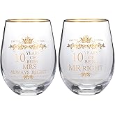 COFOZA Set of 2 10th Years Wedding Anniversary 15 Ounces Wine Glass Tumblers 10 Years Mr Right Mrs Always Right Anniversary Cups Present for Couples Parents Gifts