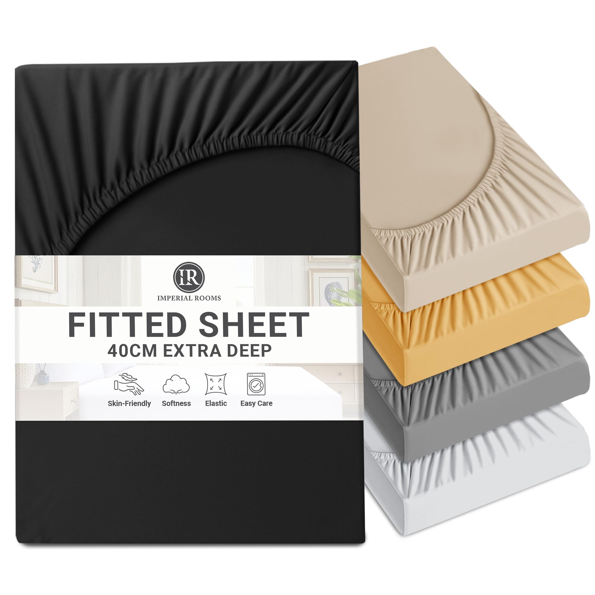 Imperial Rooms King Size Fitted Sheets - Deep Pocket 40cm/16" Bed Sheets Brushed Microfiber Easy Care Soft Fitted Bed Sheet - Shrinkage and Fade Resistant (Black)