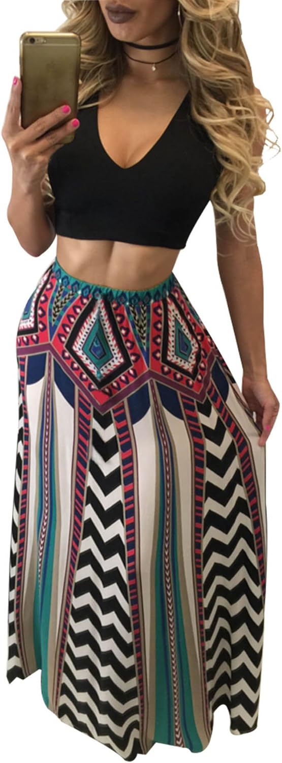 Women's Ethnic Print High Waist Casual ALine Maxi Skirt Crop Top Set(2