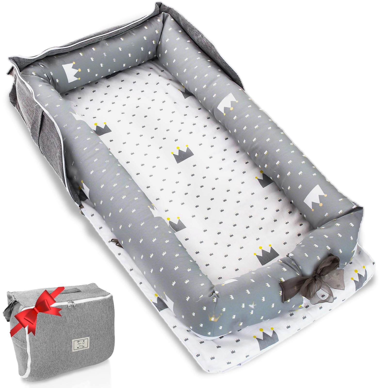 Photo 1 of Baby Lounger for Newborn to Toddler 0-24 Months - Portable Infant Lounger with Breathable Cotton, Adjustable Size & Lengthen Space Travel Strap for Home, Outdoor (1. Crown)