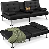 Flamaker Futon Sofa Bed, Black Faux Leather Convertible Loveseat Couch | Modern Adjustable Folding Futon Set with 2 Cup Holders &amp; Removable Armrests, Recliner Lounge for Living Room &amp; Apartment