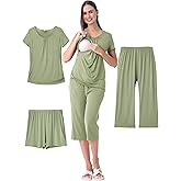 Shangood 3 Piece Nursing Pajamas Set for Women Breastfeeding Shirts Pjs Postpartum Shorts&Capri Pants Pockets