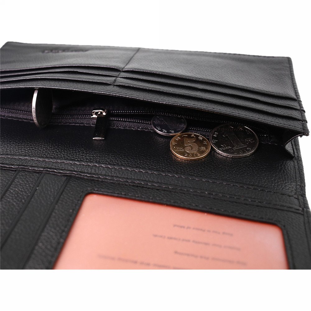 Men RFID Blocking Leather Checkbook Wallet Safe Long Bifold Travel Billfold Black with 10 Sleeves