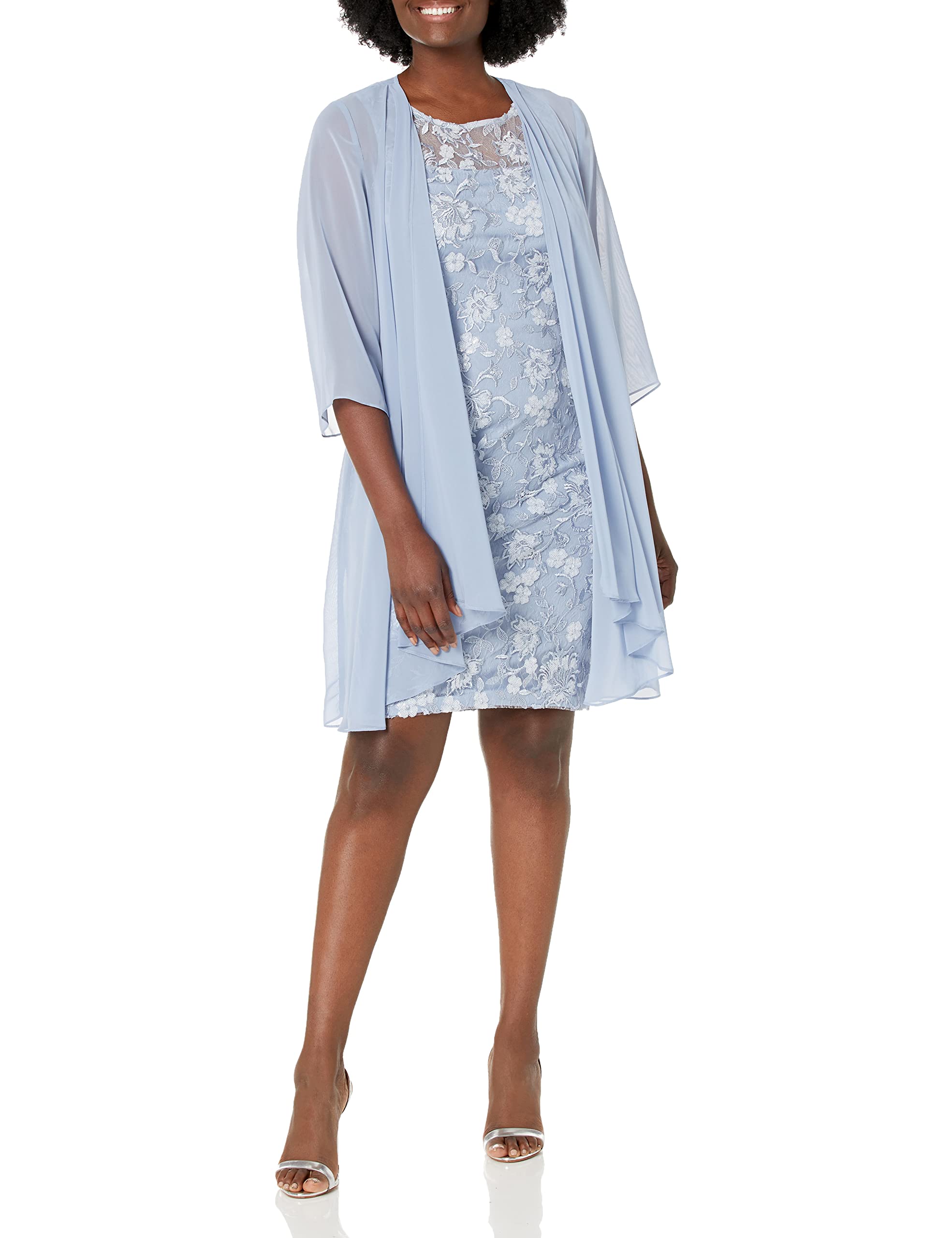 Alex Evenings Women’s Short Embroidered Dress with Illusion Jacket, Light Blue Elongated Petite, 10P