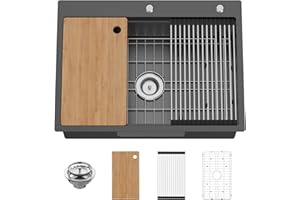 KOARDINK Black 30x22In Drop In Kitchen Sink Workstation- Stainless Steel Topmount Modern Large Single Bowl Workstation Sink Come With SS Grid,Drying Rack,Cutting Board,Drain Assembly For Various Kitchen Style