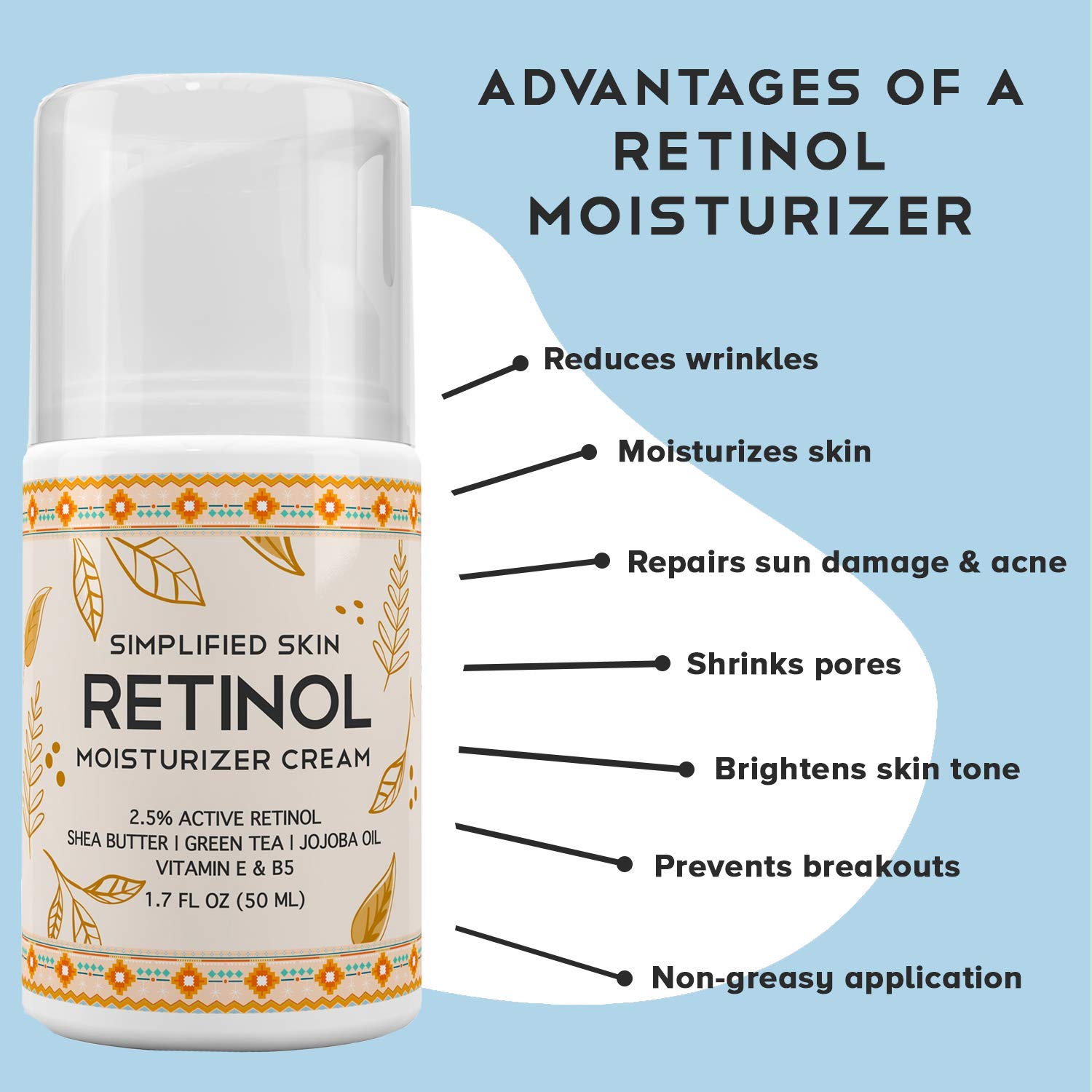 Retinol Moisturizer Cream 2.5% for Face & Eye Area with Vitamin E & Hyaluronic Acid for Anti Aging, Wrinkles & Acne - Best Night & Day Facial Cream by Simplified Skin 1.7 oz: Beauty