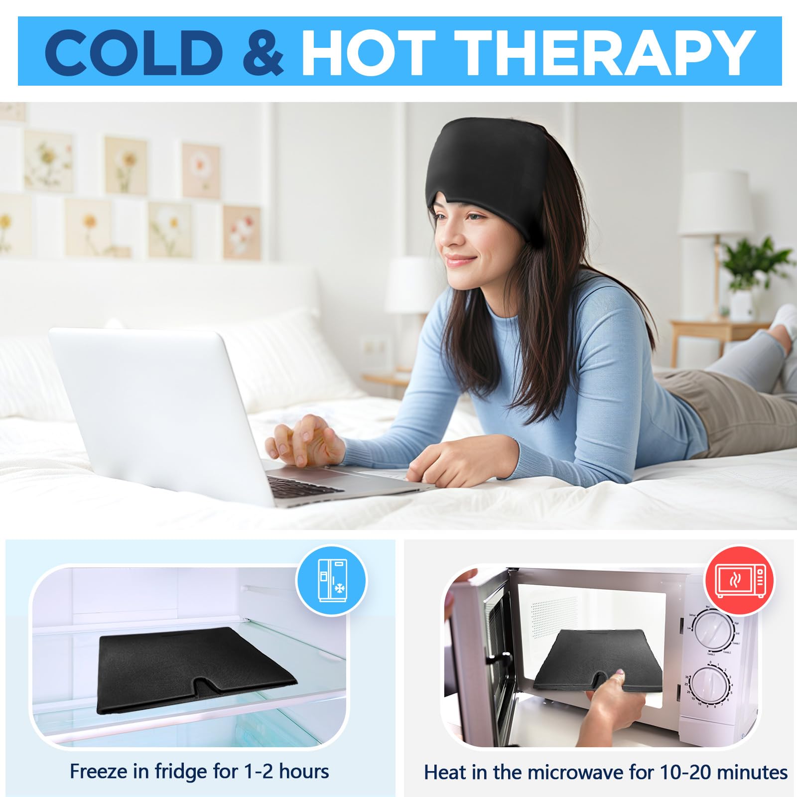 Migraine Relief Cap, Headache Relief Hat for Migraine Cap, Hot and Cold Therapy, Headache Eyes Mask for Stress Relief, Ice Pack Head Wrap for Sinus, Puffy Eyes, Tension,Black