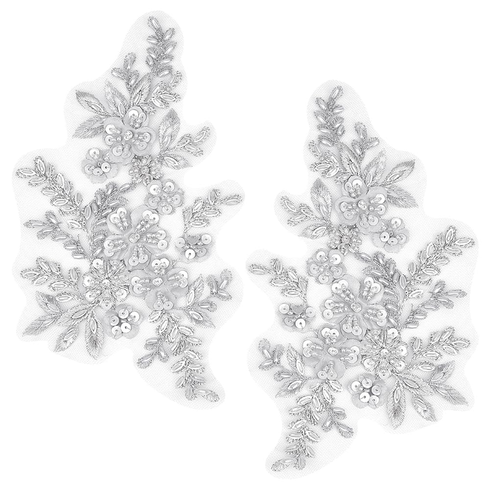 GORGECRAFT 3D Sequin Beads Embroidered Lace Applique Flowers Leaves Sew on Trim Patches Glitter Bead Floral Collar Fabric Craft Decoration Patch for Sewing Wedding Clothes Dress Pants Jeans Bag White