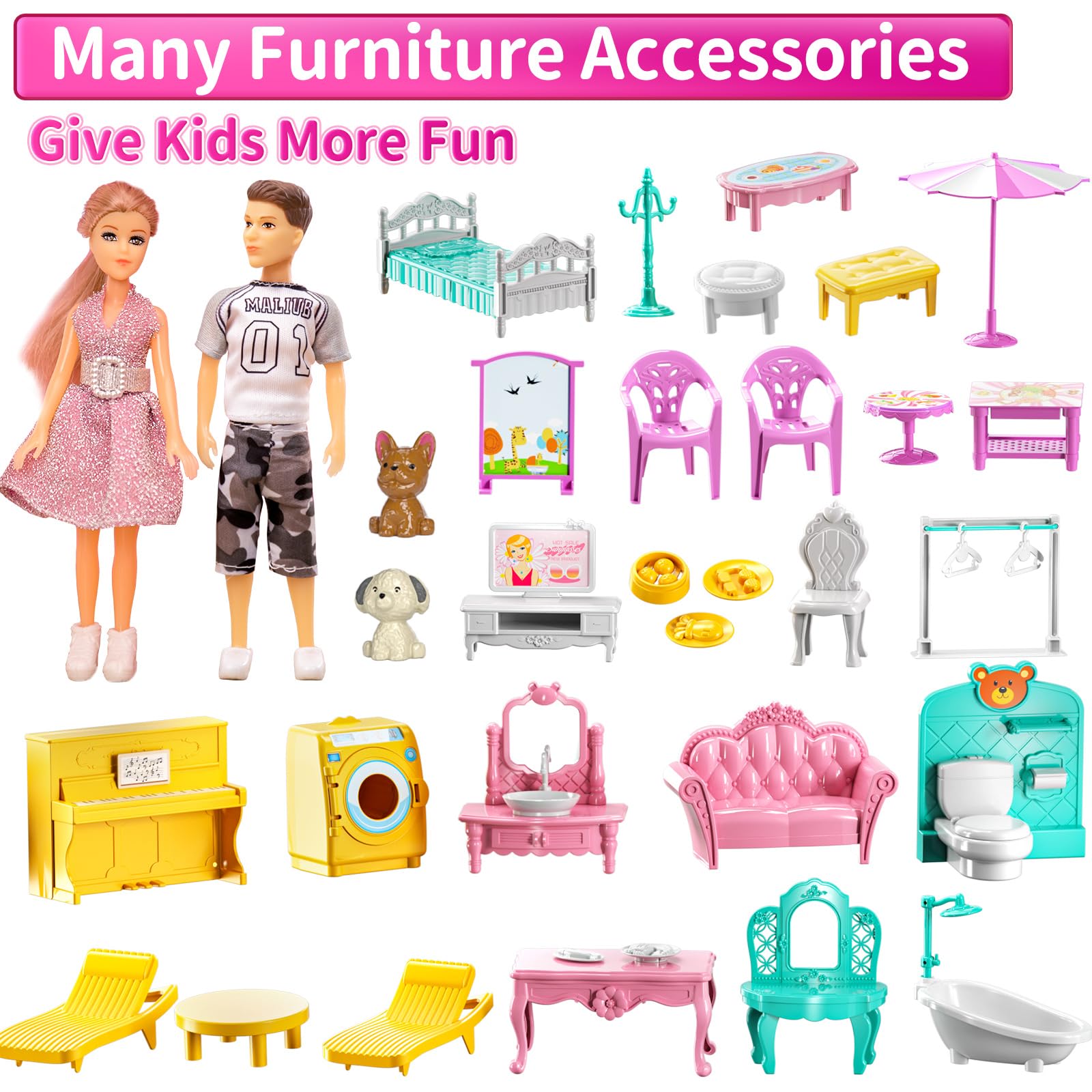 Pink Villa Playset for Girls Ages 3-7, 4-Story 10-Room House with 2 Dolls, Furniture & Accessories, Pretend Play Toddler Toy, Birthday Gifts for Kids 3-8