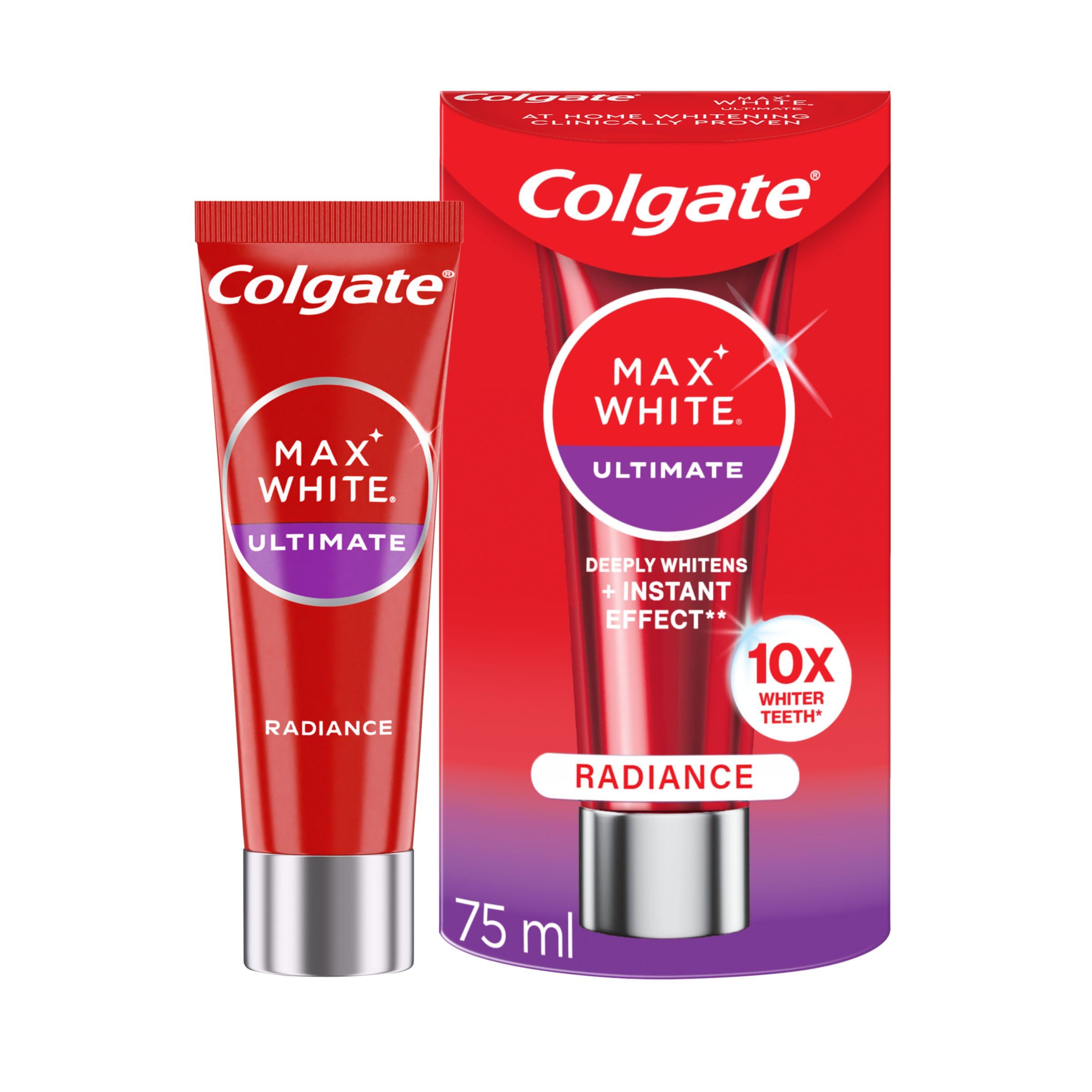 Colgate Max White Ultimate Radiance Whitening Toothpaste 75ml - 10X Whiter Teeth* - Instant Teeth Whitening Toothpaste^ - Deeply* Whitens - Helps Prevent Future Stains - Enamel Safe for Daily Use