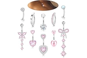 Thunaraz 10 Pcs Gold Belly Button Ring - Surgical Stainless Steel CZ Opal Pearl Clicker Piercings for Women Dangle Navel Pier