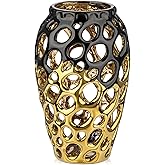 Black and Gold Vases for Centerpieces, Openwork Ceramic Flower Vase 8.7" Hollowed Decorative Pampas Grass Vase Gold Table Decor for Home Living Room Dinner Room Bedroom Office Wedding