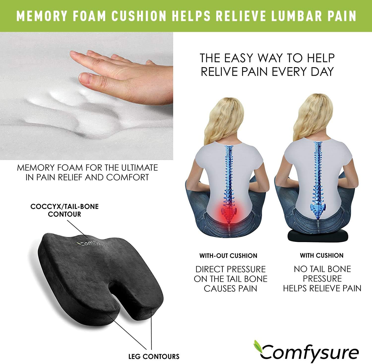 ComfySure Memory Foam Seat Cushion with Removable Microfiber Cover - Coccyx, Tailbone, Sciatica, Lower Back Support and Pain Relief - Fits Most Office, Desk, Computer Chairs and Car Seats: Home & Kitchen