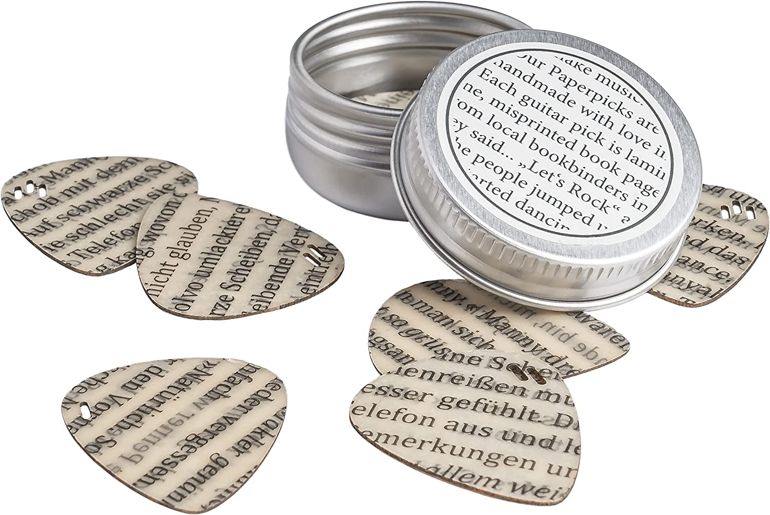 Paperpicks | Set of 9 guitar picks made from misprinted book pages | For electric, acoustic and bass guitars in three strengths | In aluminum can | Sustainably manufactured | Made in Germany