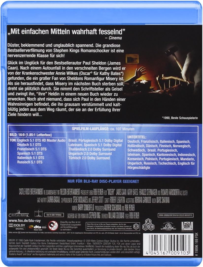 Misery Blu Ray Various Amazon Co Uk James Caan Kathy Bates Richard Farnsworth Frances Sternhagen Lauren Bacall Graham Jarvis Jerry Potter Thomas Brunelle June Christopher Julie Payne Rob Reiner Dvd Blu Ray
