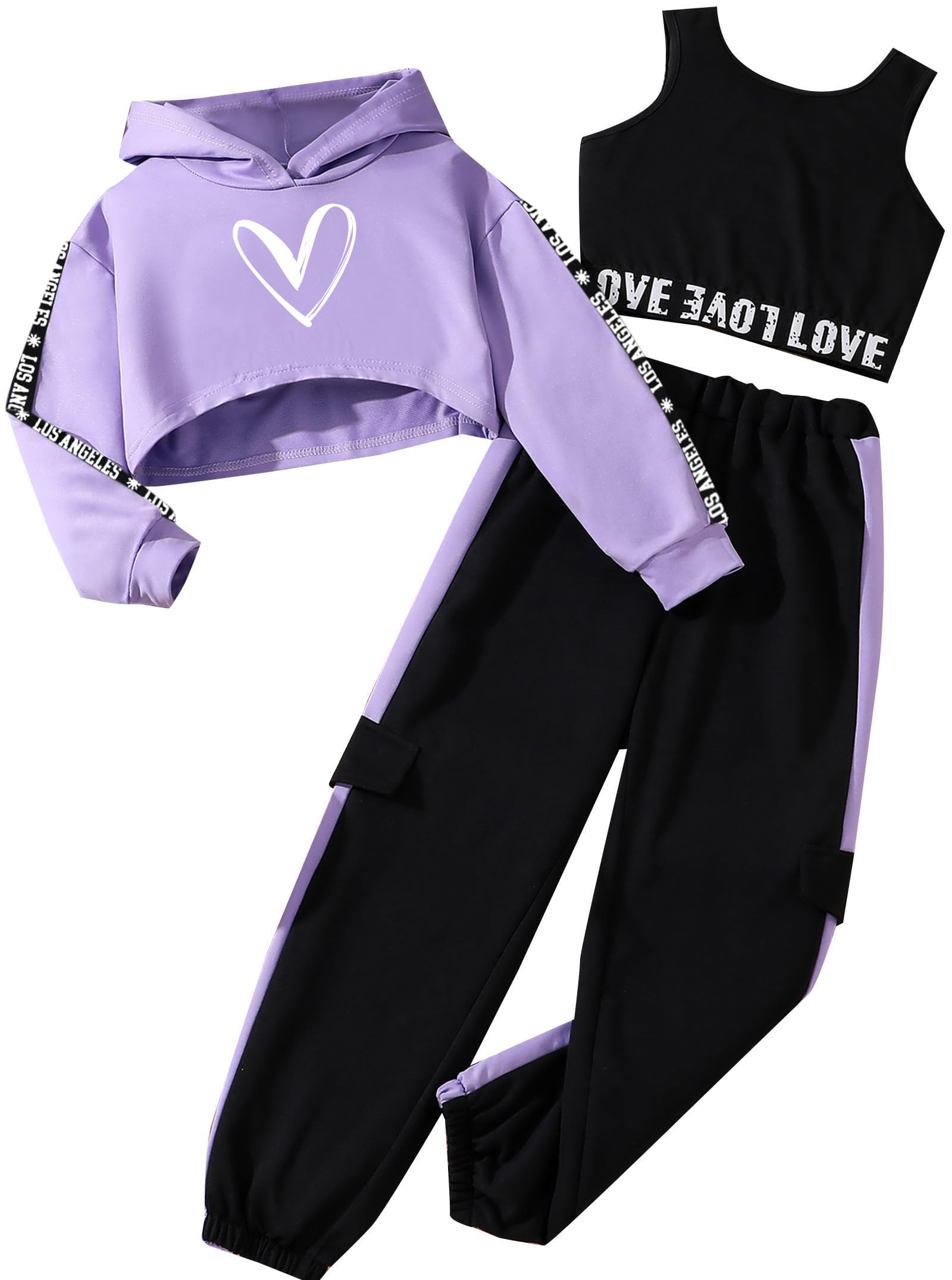 Photo 1 of Hilinker Girls Graphic 3 Piece Outfits Workout Hoodie Crop Tank and Sweatpants Set Cute Clothes Purple Black Heart 13-14 Year