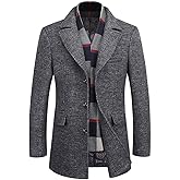 WULFUL Men’s Wool Blend Winter Coat Slim Fit Short Trenchcoat Warm Business Jacket with Detachable Soft Wool Scarf