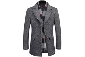 WULFUL Men’s Wool Blend Winter Coat Slim Fit Short Trenchcoat Warm Business Jacket with Detachable Soft Wool Scarf