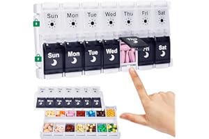 Shintop Weekly Pill Organizer 2 Times a Day, Easy Fill Am Pm Pill Box 7 Day Push Button Pill Container Medicine Organizer for
