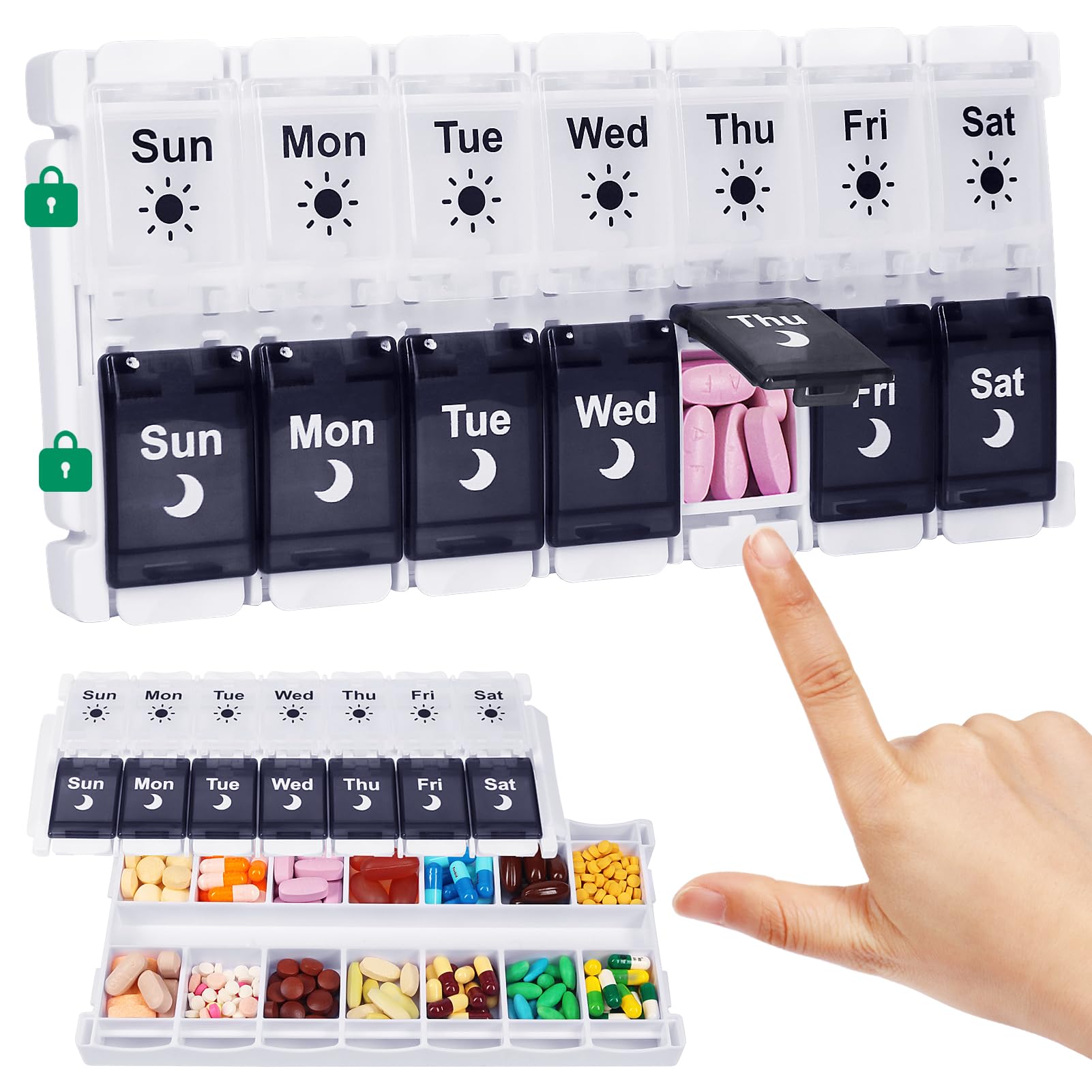 Photo 1 of Shintop Pill Organizer 2 Times a Day, Easy Fill Weekly Pill Box Am Pm Push Button Pill Container 7 Day Medicine Organizer for Vitamins Supplements ?Black&White?