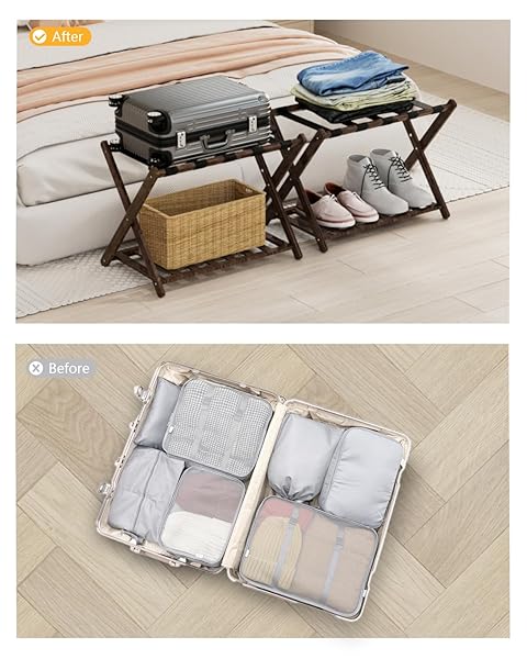 HONYQISHUO LUGGAGE RACK FOR GUEST ROOM, FOLDING SUITCASE STAND WITH STORAGE SHELF 5 NYLON STRAPS FOLDABLE FOR EASY STORAGE BAMBOO STAND HOLDER SHELF FOR BEDROOM LIVING ROOM HOTEL ESSENTIALS BROWN