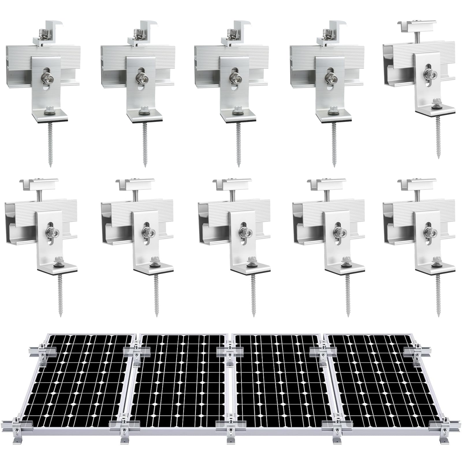 Photo 1 of 10PCS Solar Panel Mounting Brackets, Solar Panel Mount for 1-4PCS Thickness 1.4” Solar Panels, Solar Panel Brackets with 10x 6 Mini Rails 4X Water Drain Clips for Shingle,Slate,Metal and Tin Roof