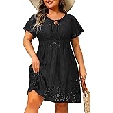 Talisea Plus Size Swimsuit Cover Up - Eyelet Casual Beach Crew Neck Short Sleeve Bathing Suit Coverup Dress for Women Summer