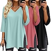 Velvelhall 3 Pack Women's 3/4 Sleeve Oversized T-Shirts V Neck Comfy Casual Tunic Tops Knit Side Basic Split Loose Fit Tees