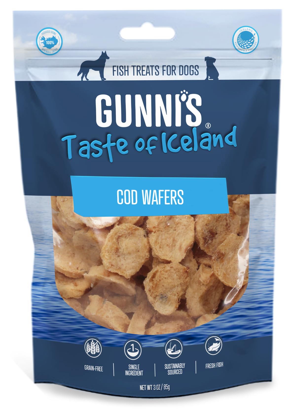 Gunni’s Cod Wafers | Pure Icelandic Cod fillet crunchy treats for dogs | Traceable | MSC Certified | Sustainable | 100% Natural | Gently dried | 85g