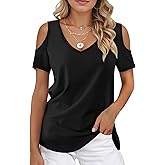Buauty Womens Summer Trendy Shirts V Neck Criss Cross Cold Shoulder Tops Solid Color Fashion Casual Loose Sexy Blouse