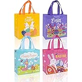 Jaywayang 4Pcs Easter Non-woven Bags with Handle, Happy Easter Gift Bags, Reusable Goodie Bags for Kids, Rabbit Bunny Treat Bags, Party Supplies.