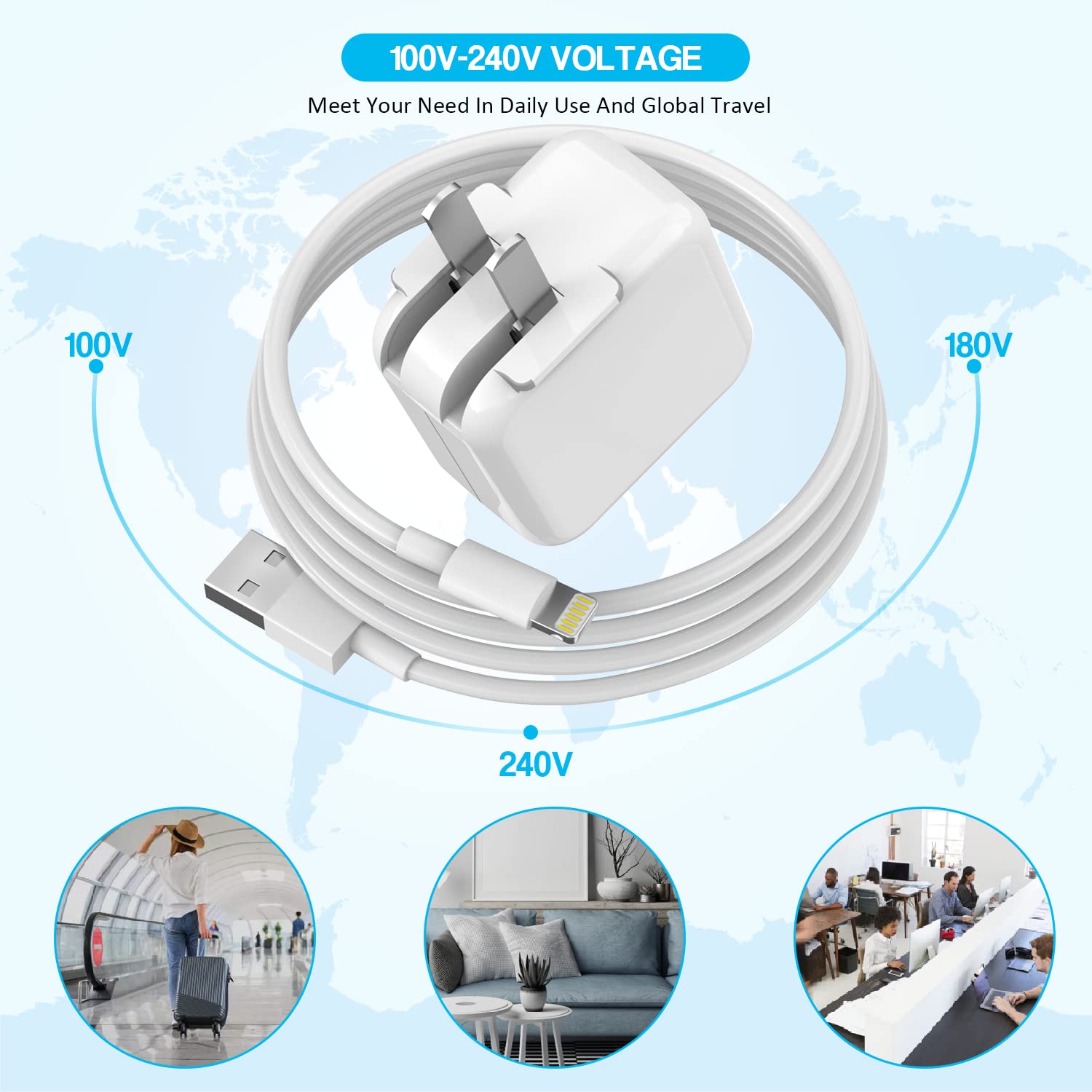 iPad Charger, [ Apple MFI Certified ] 10FT Long iPad Chargers Lightning Cord Cable Fast Charging USB Wall Charger Block Foldable Plug for iPad7/ 8/9 Generation, iPadAir, iPadMini, iPadPro, iPhone