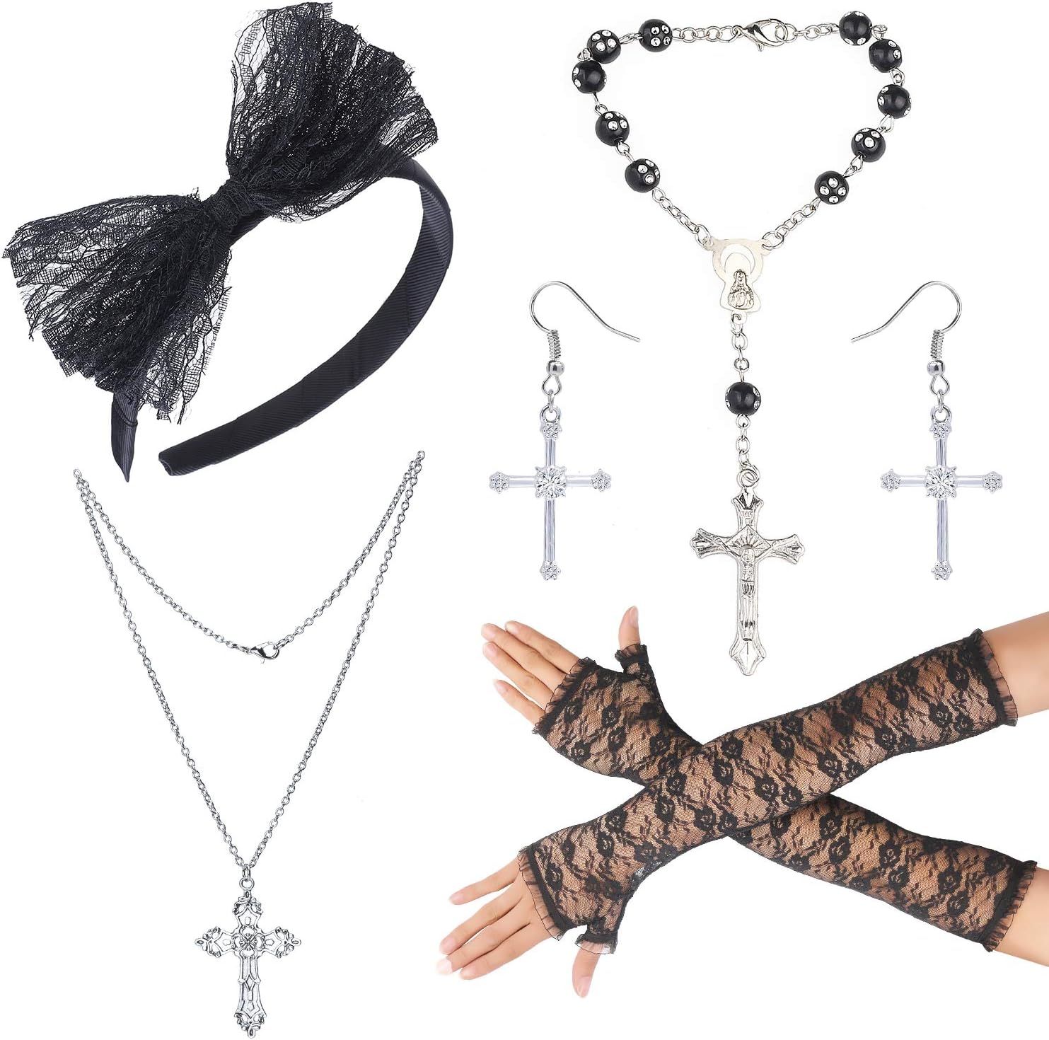 Haichen 80s Costume Accessories Set Bow Headband Earrings Gloves Necklace Bracelet for Halloween 80s Party Madonna Outfit Accessories Women Girls