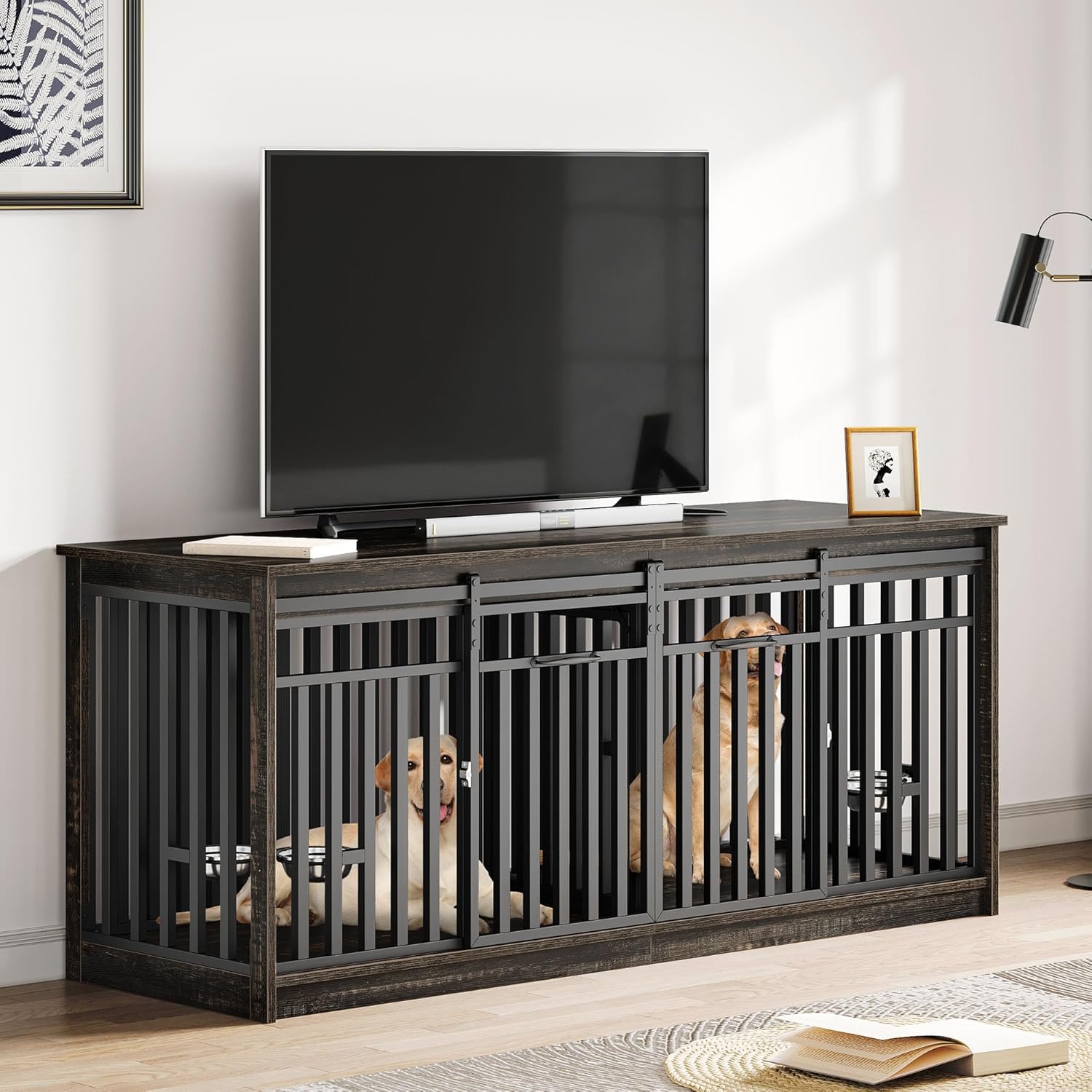 Photo 1 of **************MISSING ASSEMBLY HARDWARE AND INSTRUCTIONS*************
YITAHOME 71 Inch Double Dog Crate Furniture for 2 Dogs, Heavy Duty Wooden Crate TV Stand with 4 Bowls, Dog Kennel Indoor Furniture Sliding Barn Door Design for Extra Large Dogs, Black O