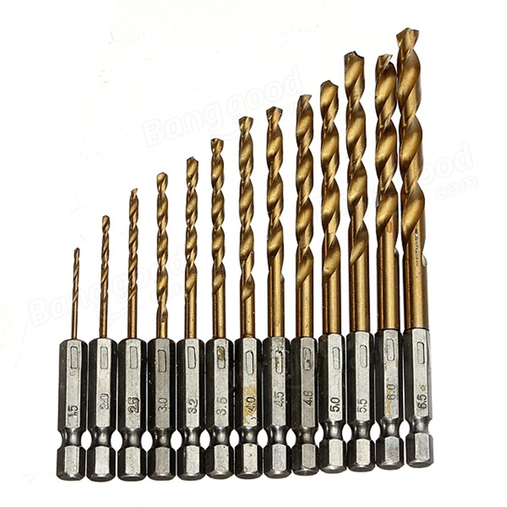 Malayas 13 PCS HSS Drill Bit Set Titanium Coated Drilling Tools 1/4" Hex Shank With High Speed Steel for DIY Woodworking Plastic Metal 1.5-6.5mm