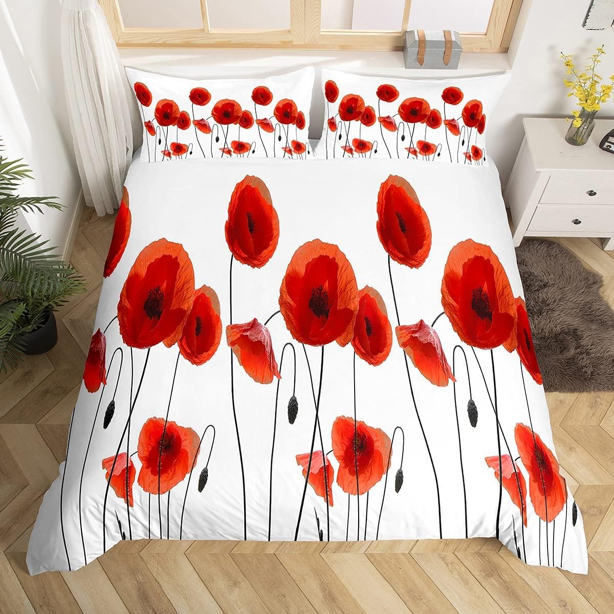 Homemissing King Decoration Poppy Duvet Cover Chic Red Flower Bedding Set Botanical Garden Bedding Duvet Cover Bedroom Decoration
