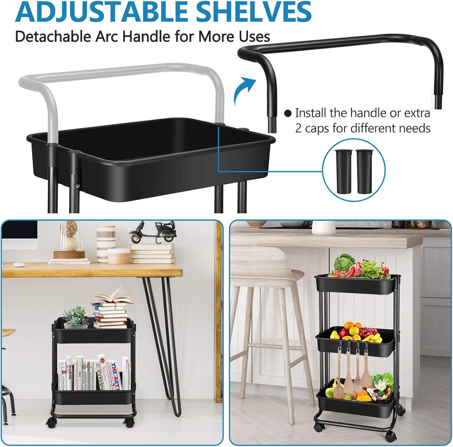 3 Tier Utility Rolling Cart - Organizer Cart Storage Cart Kitchen Cart Makeup Cart 3 Shelf Baby Tray Cart with Trolley Handles and Wheels Suitable for Bathroom Laundry Kids Room Bedroom Office (Black): Kitchen & Dining