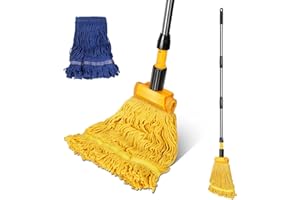 Masthome Industrial Mop, Commercial Mop for Floor Cleaning Heavy Duty, Cotton Mops Looped-End String Wet Mops with 2 MopHeads for Home, Garage, Office Floor Cleaning (Yellow-Blue)