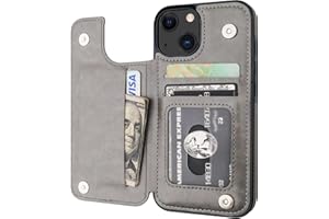 ONETOP Compatible with iPhone 13 Wallet Case with Card Holder, PU Leather Kickstand Card Slots Case, Double Magnetic Clasp Durable Shockproof Cover 6.1 Inch(Gray)