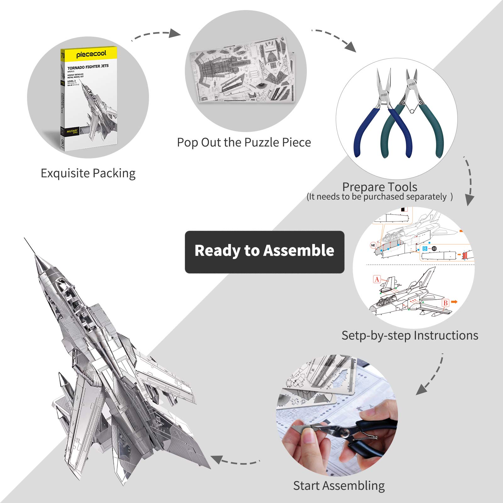 Piececool 3D Metal Puzzle for Adults, Tornado Fighter Jet Military Airplane Models Kits to Build for Teens Men Hobbies DIY 3D Puzzles, Great Birthday Gifts, 83 Pcs