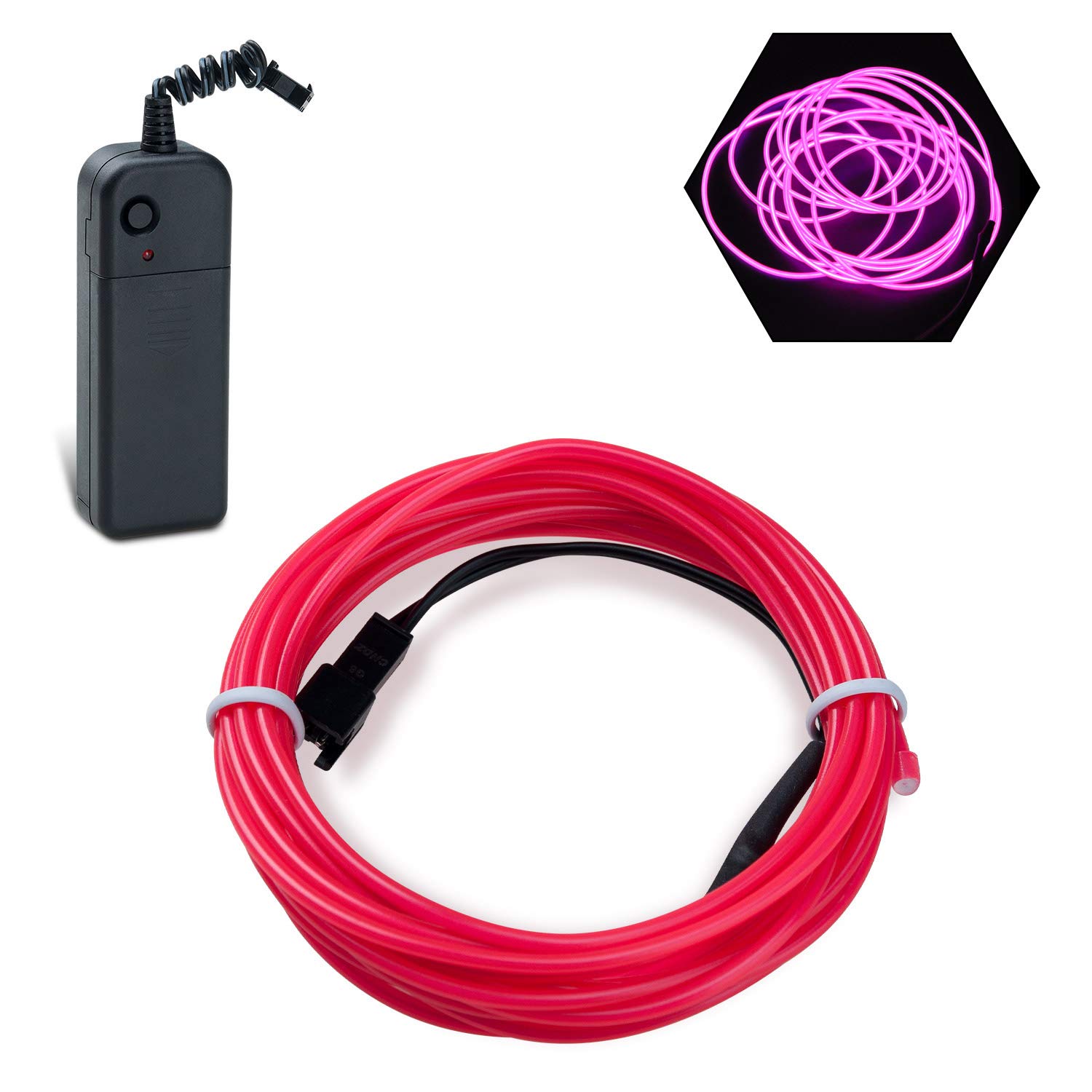 Podazz El Wire 9.8ft/3m Pink, Neon Glowing Strobing Electroluminescent Wire with 3 Lighting Modes, Battery Operated El Light for Halloween Decor, Parties, Xmas Tree, Cosplay, Car Bar Decor