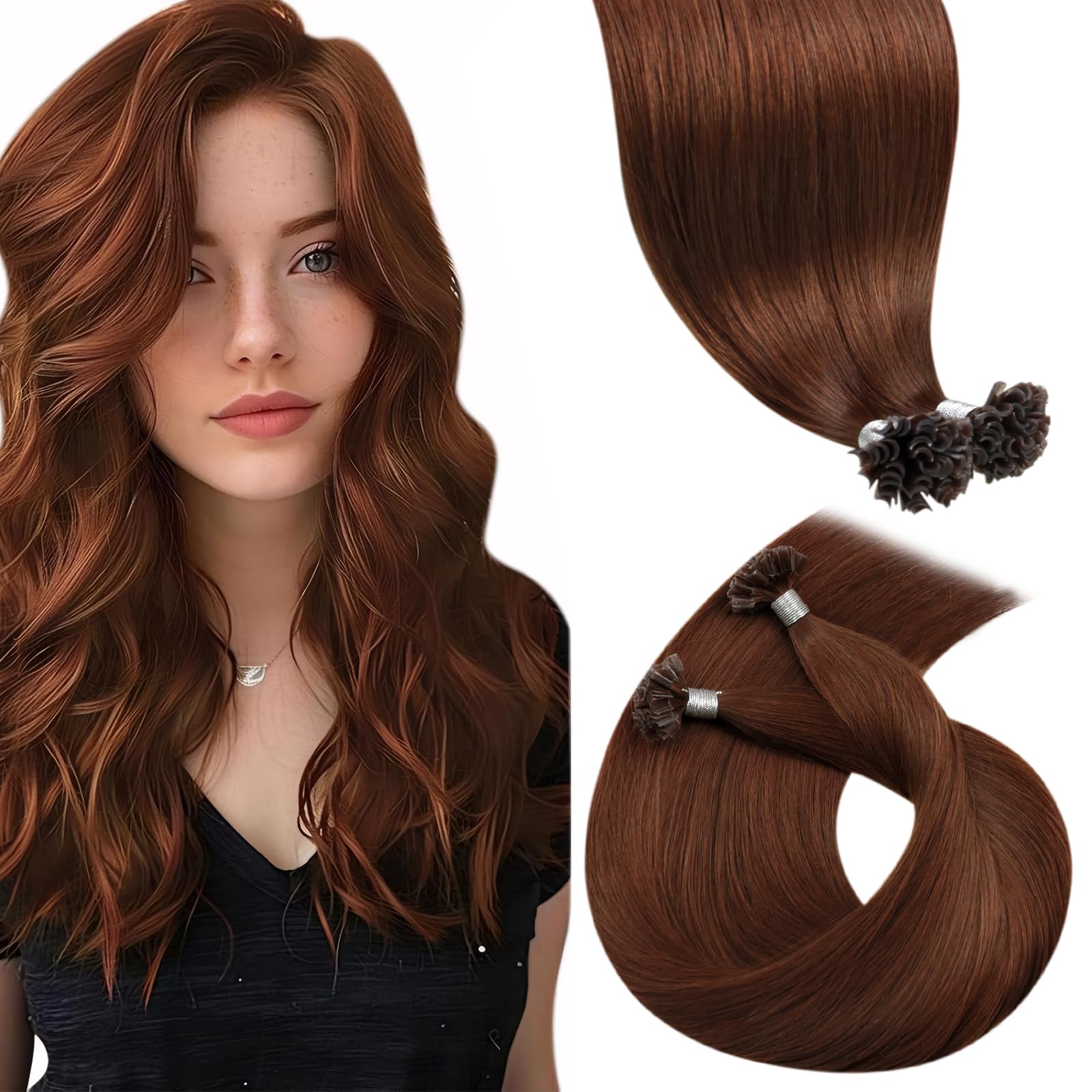 LaaVoo Real Human Hair Extensions U Tip Brown, Remy Straight Red Brown Real Hair Extensions, Hot Fusion for Invisible & Stable 50s 50g 22 Inch #33 — image 1