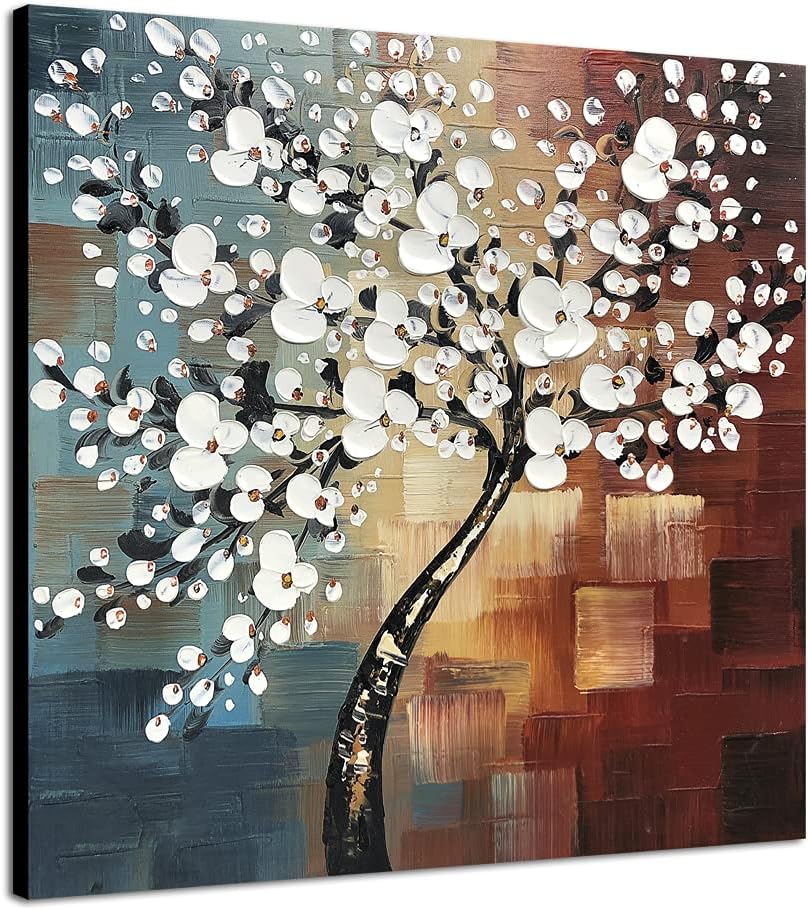 Paintings - Wieco Art Morning Glory Modern Abstract White Flowers Oil Paintings on Canvas Wall Art 100% Hand Painted Floral Artwork for Living Room Bedroom Home Office Decorations Wall Decor