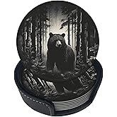 Famame 6 Pcs Black Bear Night Trees Leather Coasters for Drinks with Holder Coaster Sets Drink Table Cup Coasters for Living Room Kitchen Coffee Decor, Fa-#Z9S2F0d0mVESIv7NNM_C55
