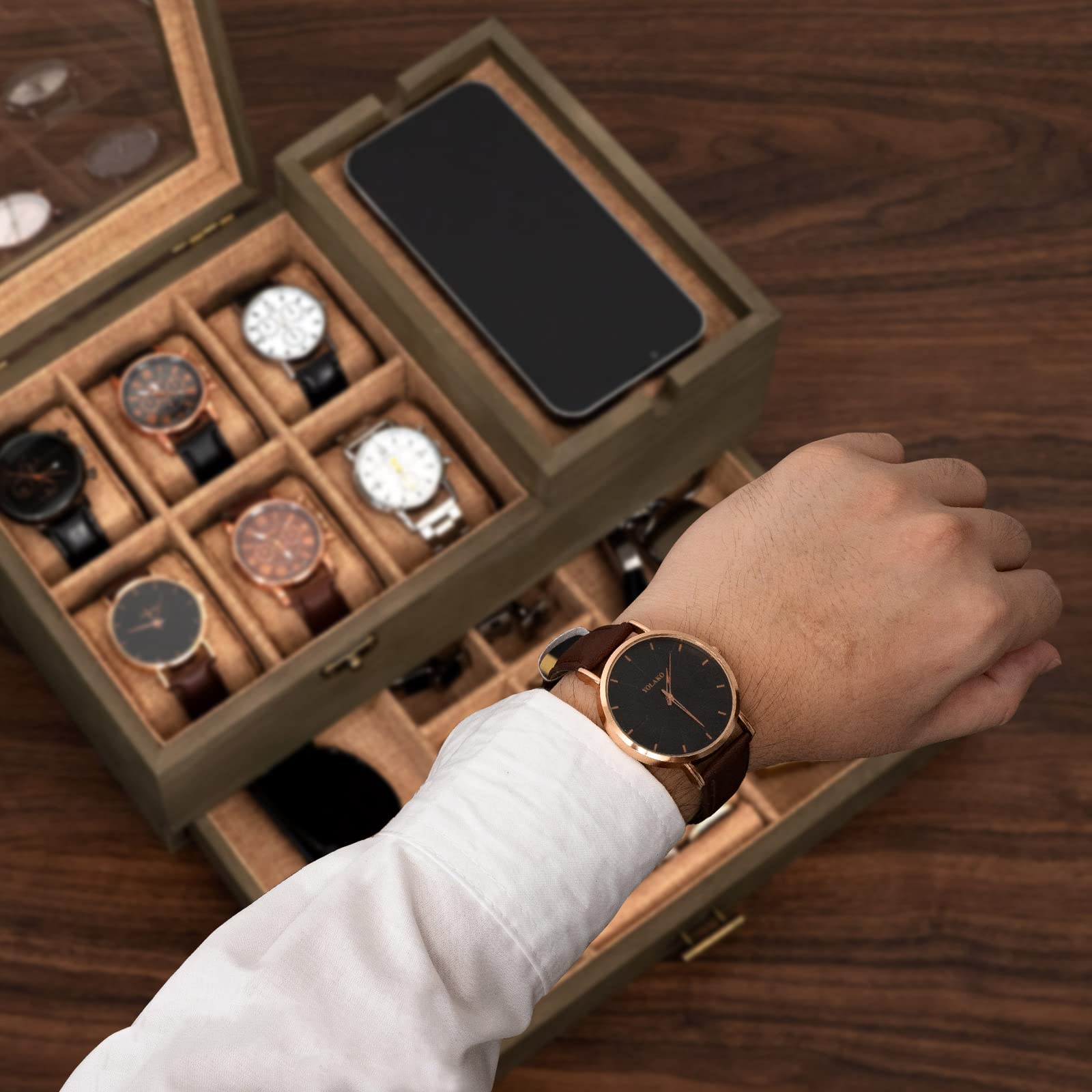 Pinzoveco Watch Box Organizer for Men, 6 Slot Mens Jewelry Box Display & Storage Watch, Solid Wood Watch Case for Men, Gift for Boyfriend Fathers Day Birthday Gifts (Weathered Gray)