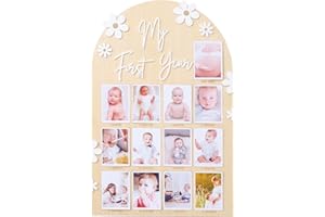 FLHRSM My First Year Photo Frame Board, 1st Birthday Girl Boy Gifts, Newborn Newmom Gift, 1 Year Old Girls Gifts, One Year Birthday Party Decorations, Baby Shower Baptism Favors, 12 Months Milestone