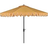 SAFAVIEH 9ft Outdoor Patio Umbrella, Round, Valance, Yellow & White Trim, Auto Crank Tilt, UV Resistant for Deck, Backyard, Poolside (PAT8006B)